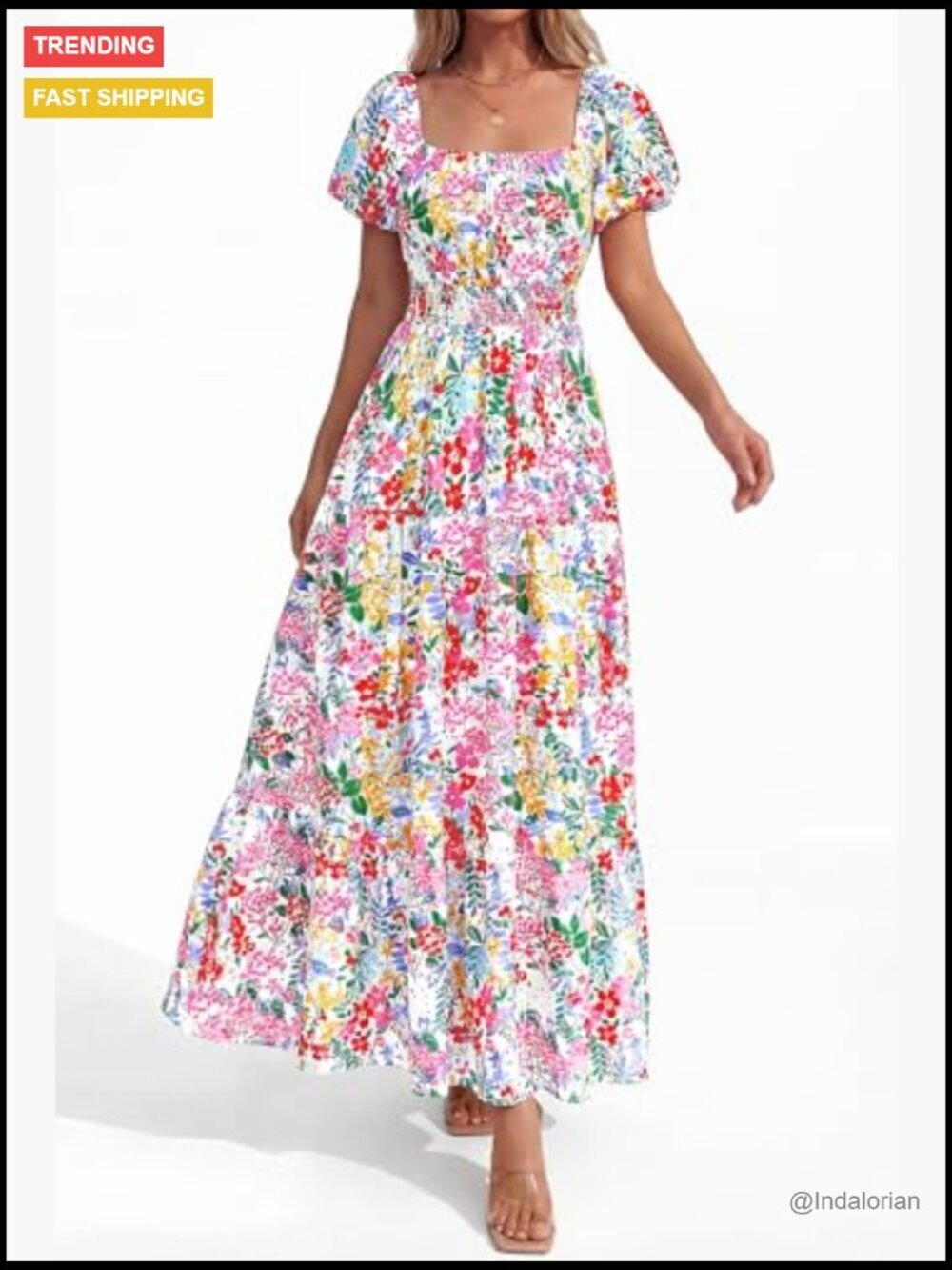 Polyester Maxi Dress with Puff Sleeves Square Neck Smocked Tiered Pockets - Picture 4 of 7